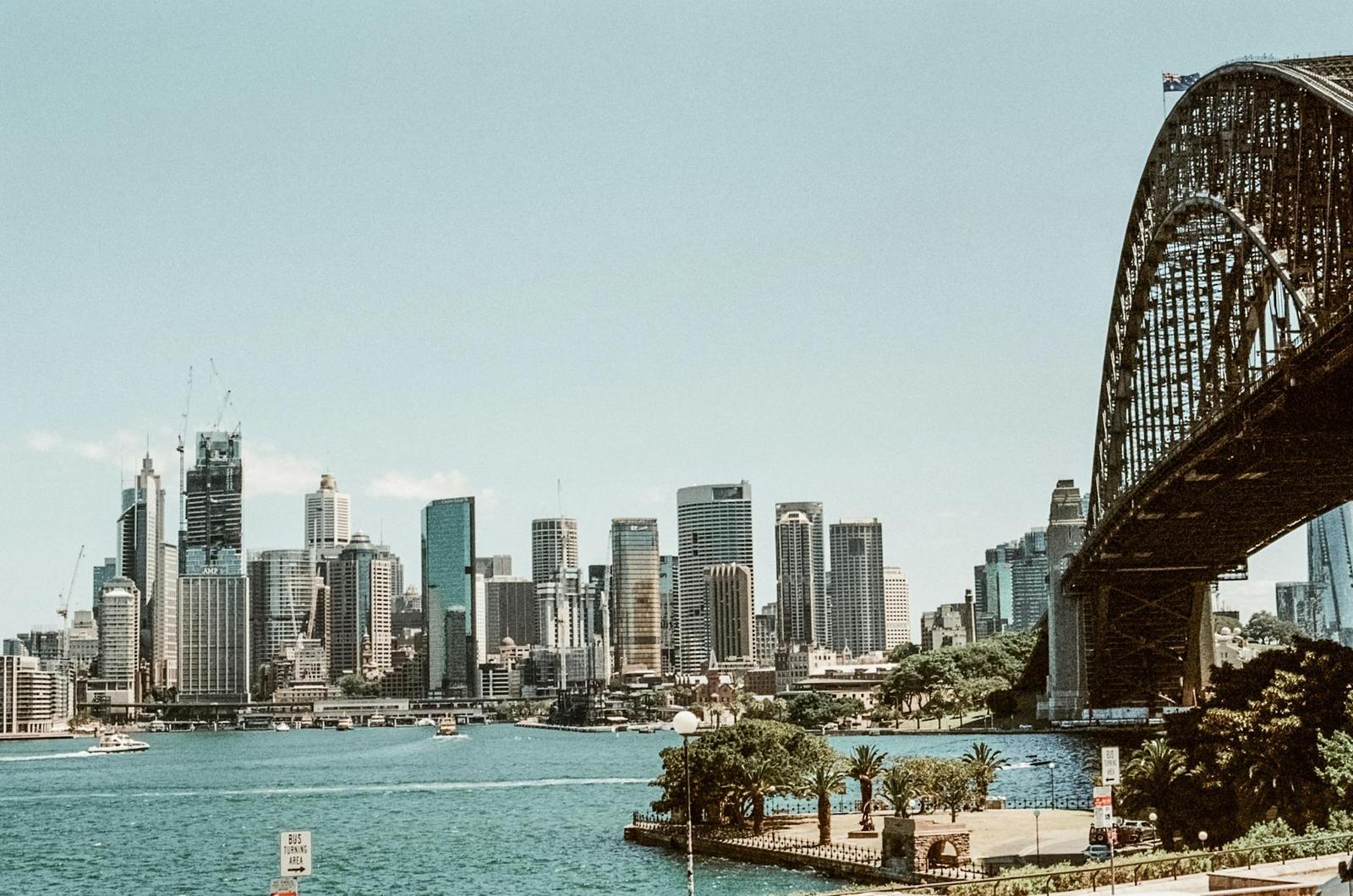 A captivating view of Sydney's skyline and iconic Harbour Bridge over the blue water
