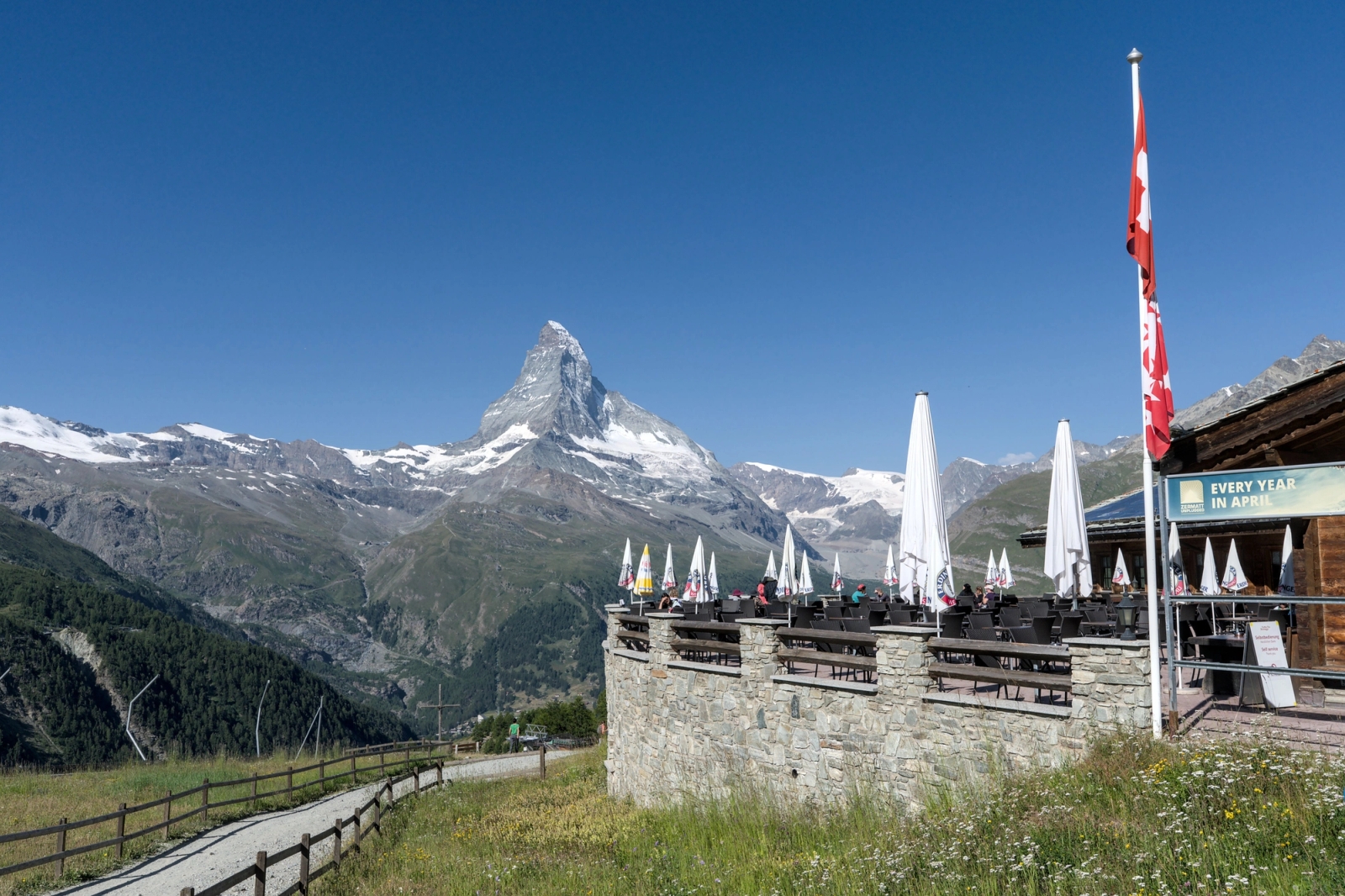Enjoy a breathtaking view of the Matterhorn from an outdoor terrace in Zermatt, Switzerland