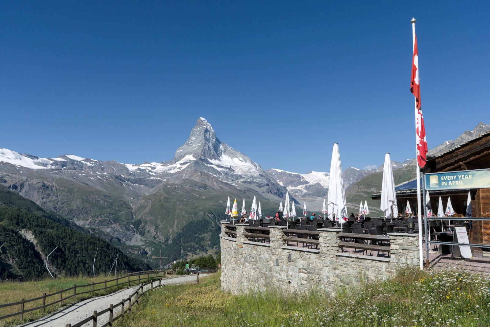 Enjoy a breathtaking view of the Matterhorn from an outdoor terrace in Zermatt, Switzerland