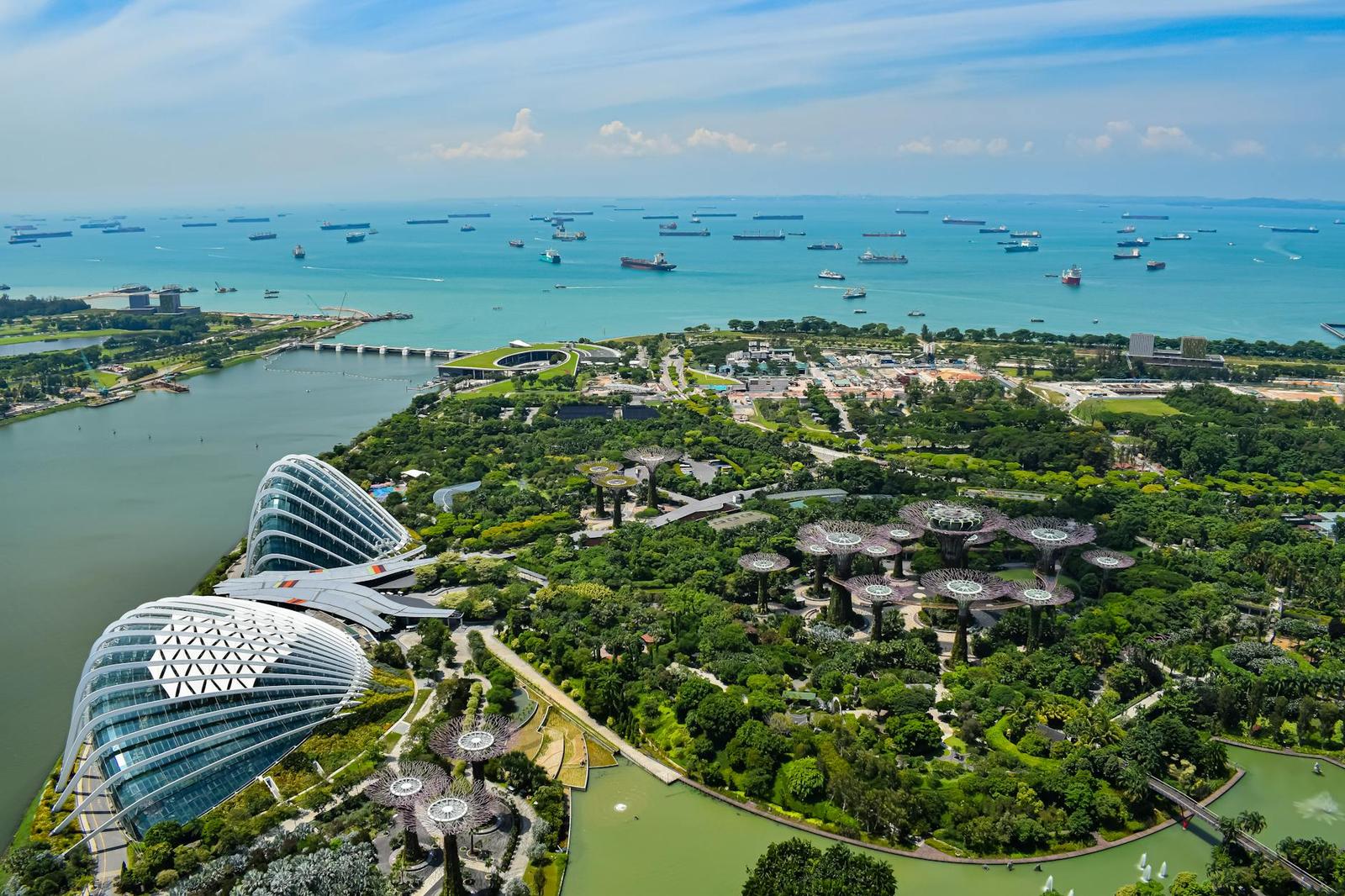 Aerial view of futuristic domed conservatories set among landscaped gardens by the sea