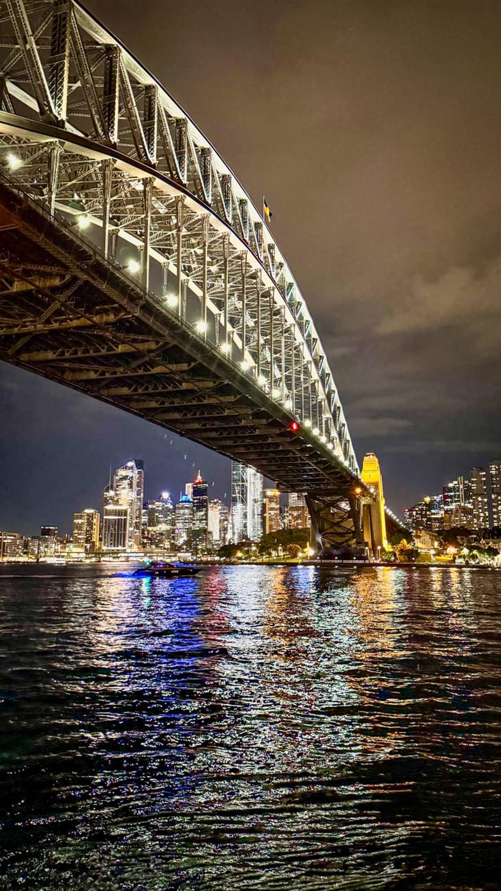 Stunning night view of Sydney Harbour Bridge with city skyline reflections on the water