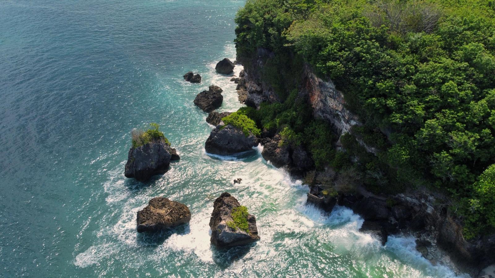 Stunning aerial view of a rocky coastline with lush greenery in Bali, Indonesia
