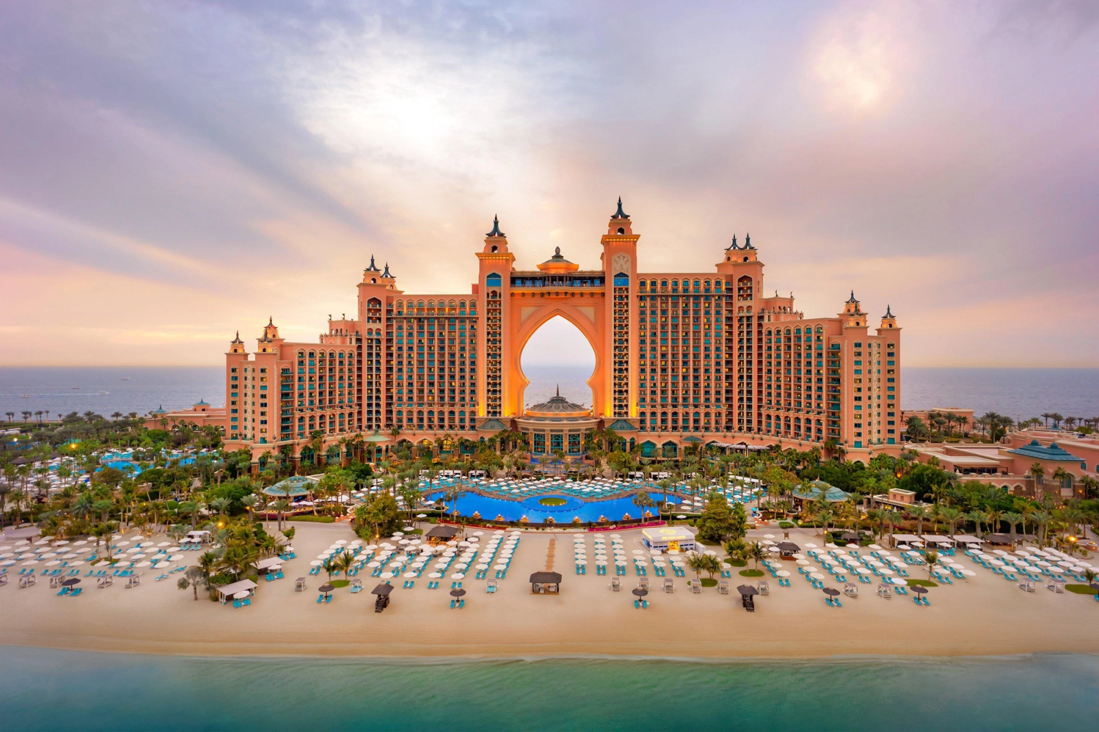 Atlantis The Palm's arched facade overlooking its private beach