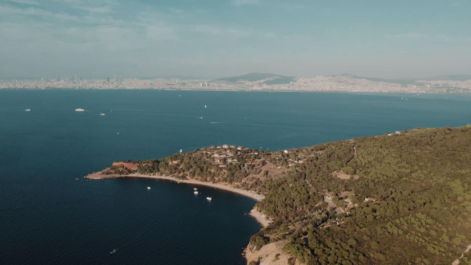 Aerial view of a forested peninsula with moored boats in a calm bay