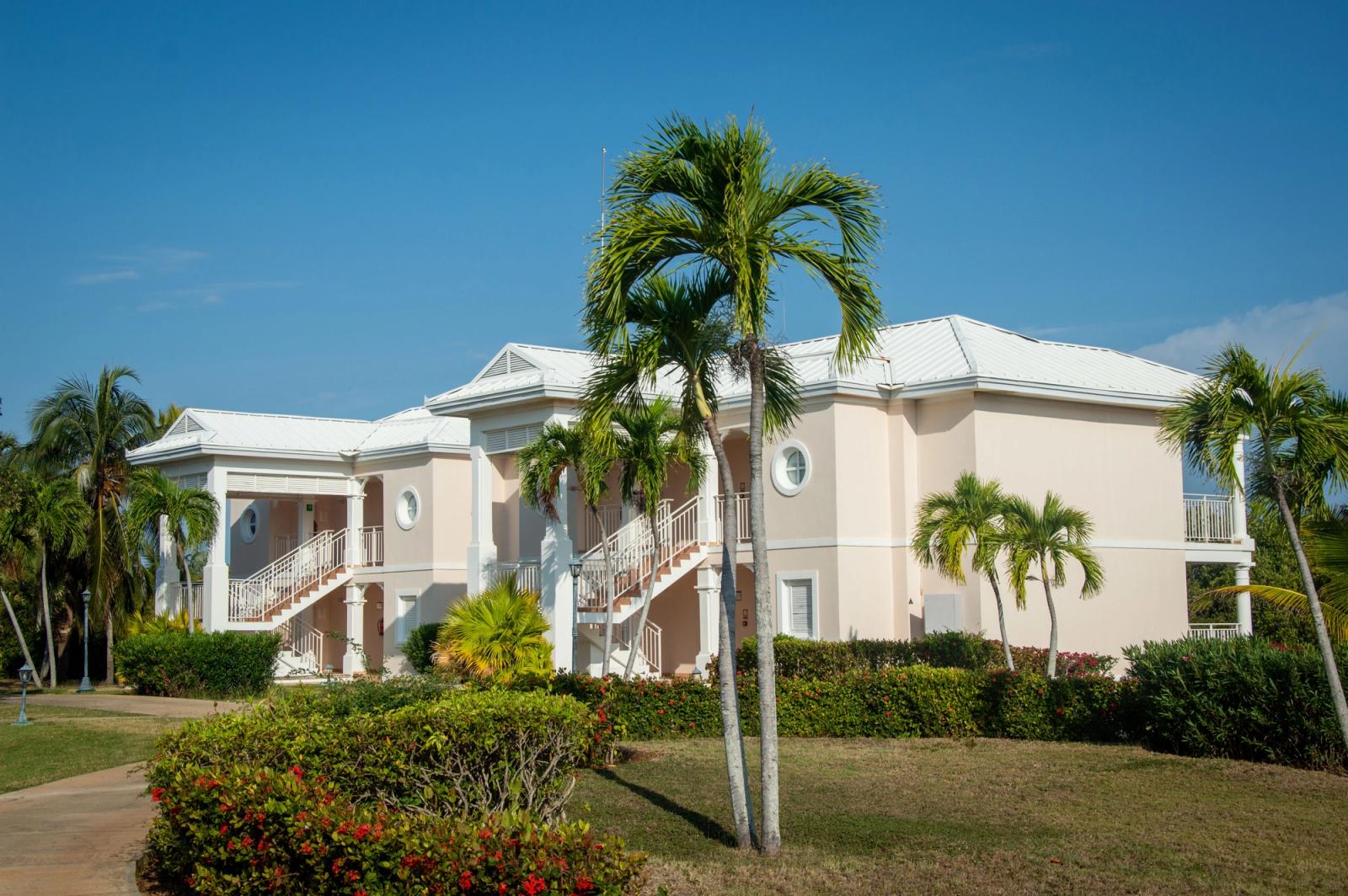 A luxurious villa amidst tropical palm trees, perfect for a serene getaway