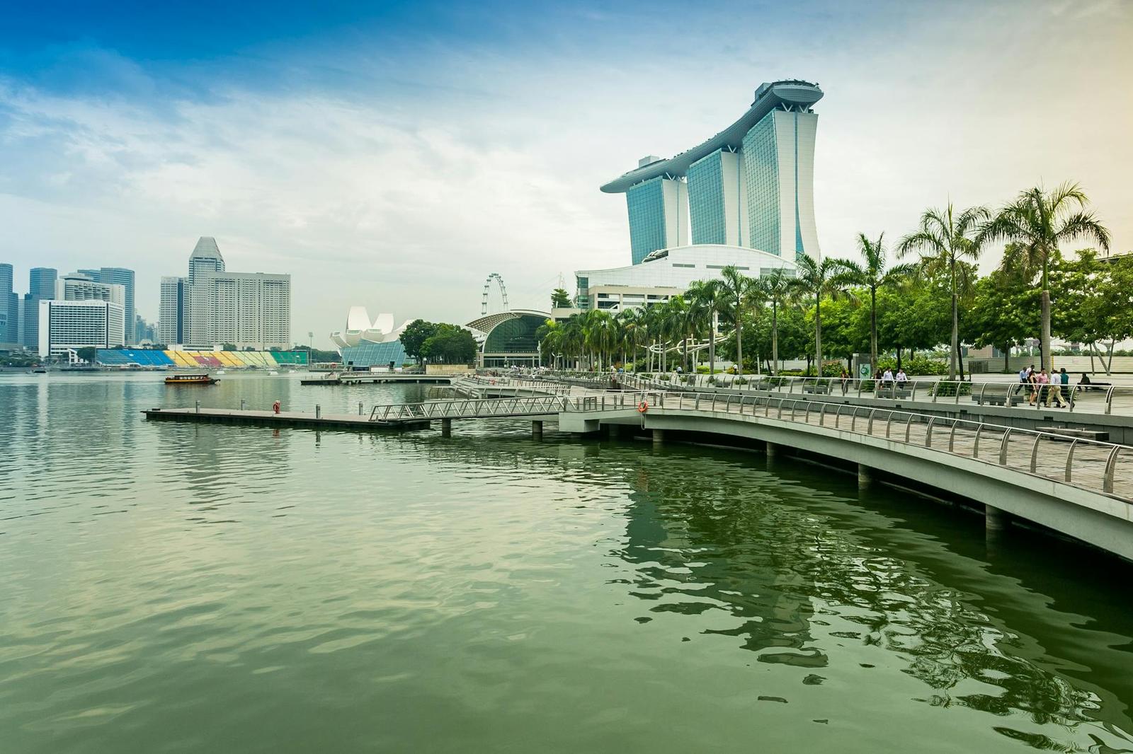 A stunning view of Marina Bay Sands and Singapore skyline with palm trees