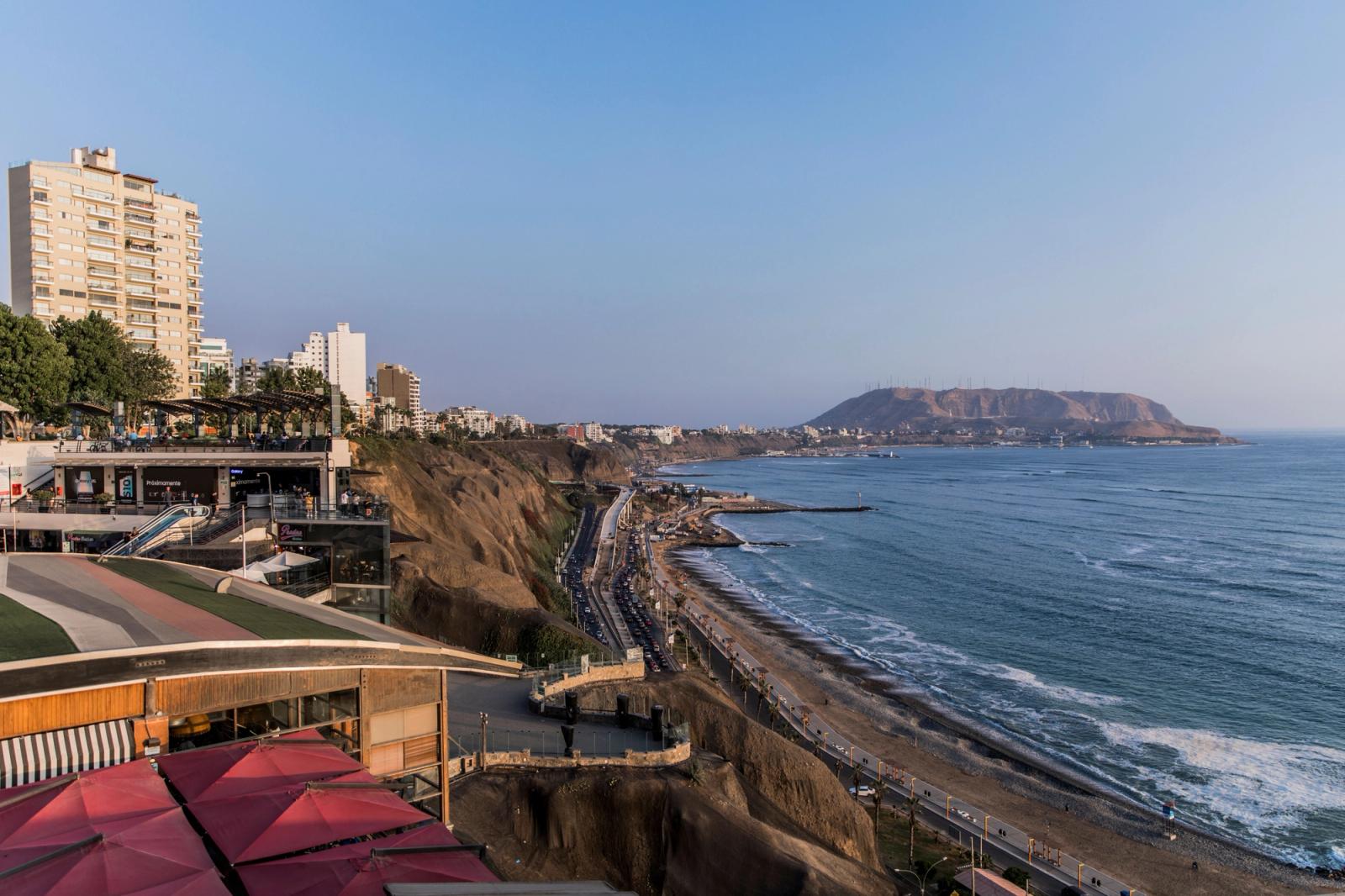 Explore the stunning coastal view of Miraflores, Lima, capturing the vibrant sea and cityscape