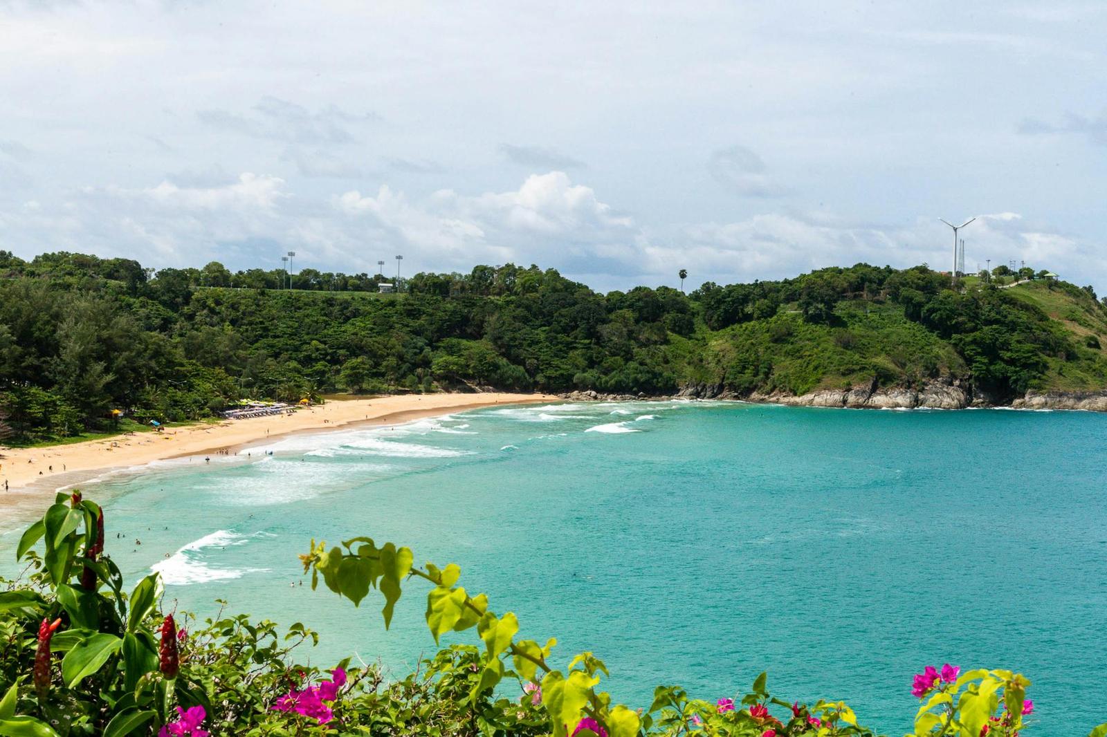 Curved bay beach bordered by green headlands and gentle surf