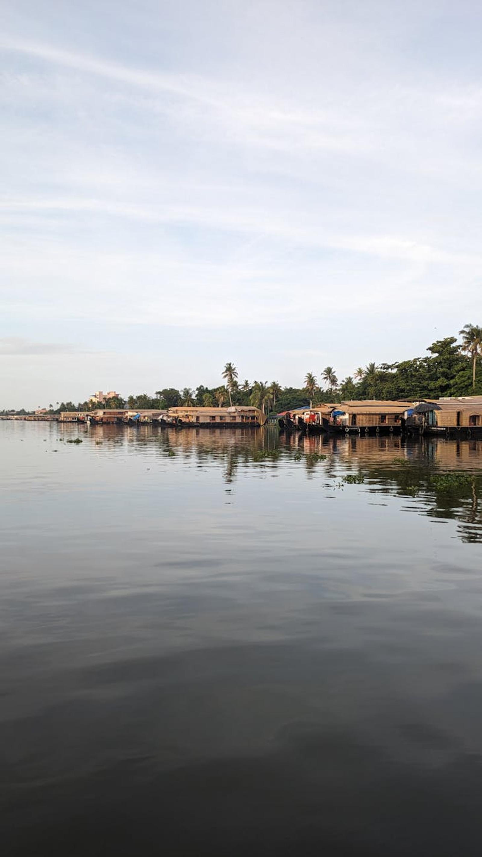 Peaceful view of houseboats on tranquil backwaters in Alappuzha, Kerala, India