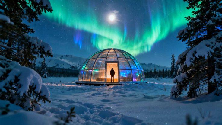Glass-igloo aurora night