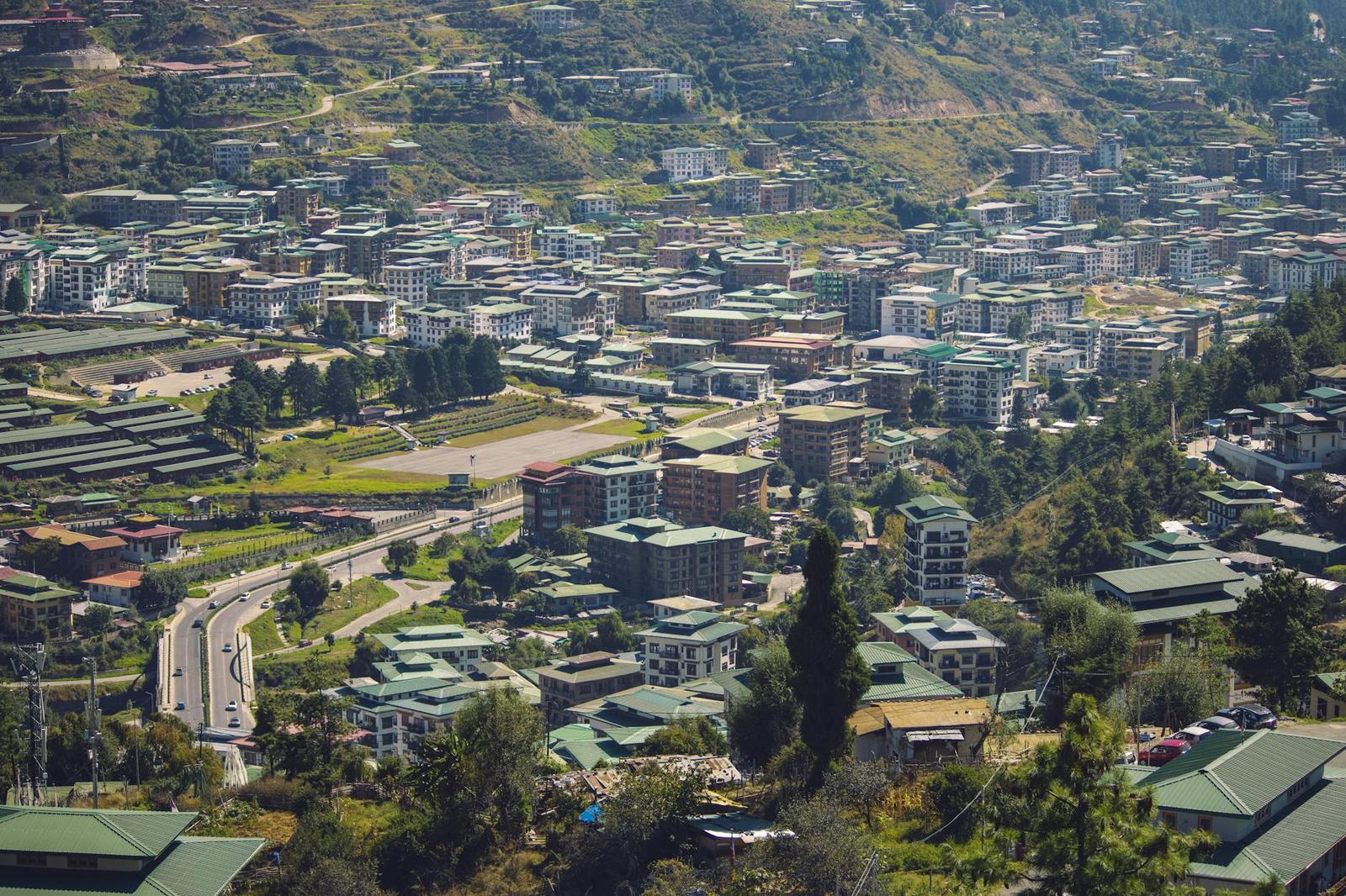 A hillside town of closely packed buildings with green roofs