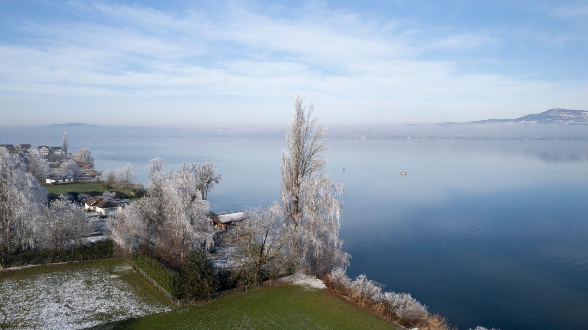 A tranquil winter landscape of Lake Zurich in Altendorf, Switzerland, showcasing frosty trees and a serene lake view