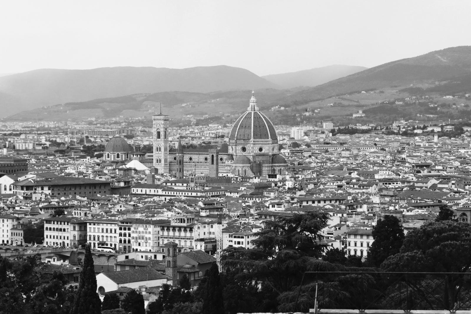 Captivating aerial view of Florence, Italy featuring the iconic Duomo in monochrome