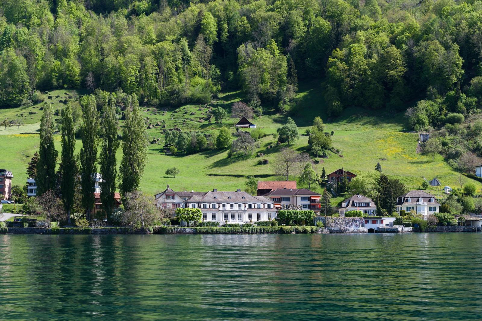 Beautiful lakefront landscape in Vitznau, Switzerland with lush greenery