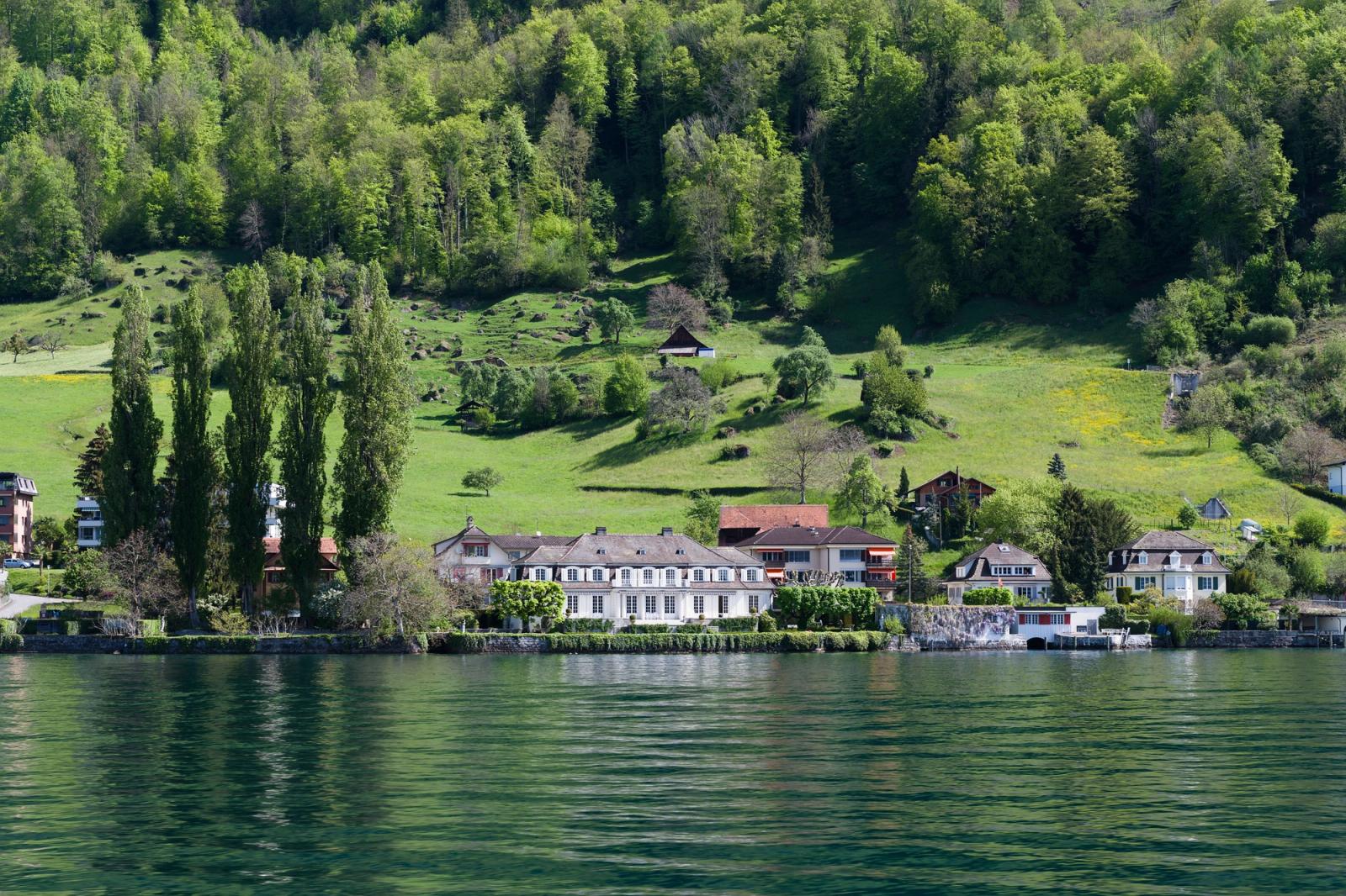 Beautiful lakefront landscape in Vitznau, Switzerland with lush greenery