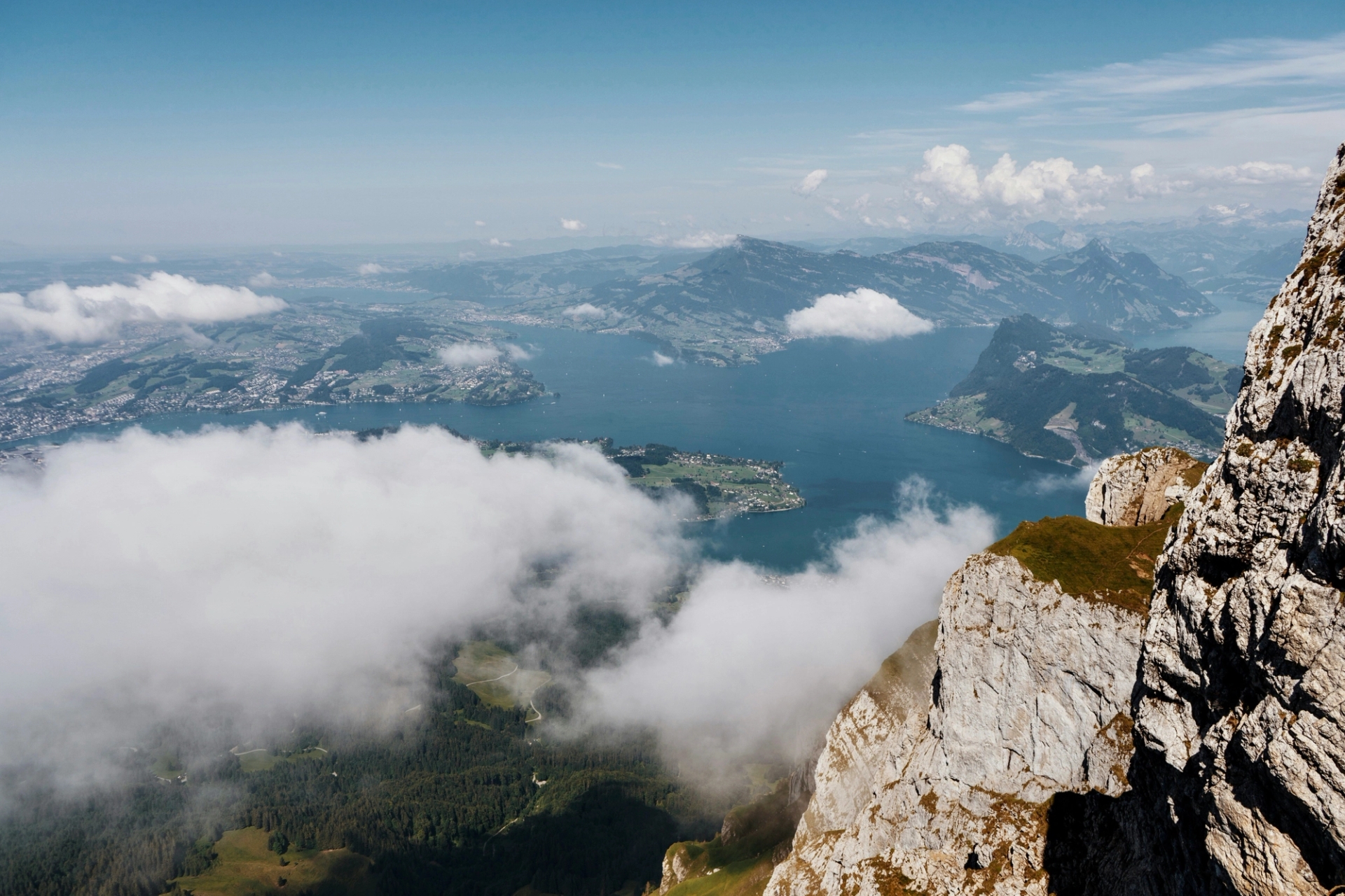 Stunning aerial view over the Swiss Alps and Lake Lucerne on a clear day