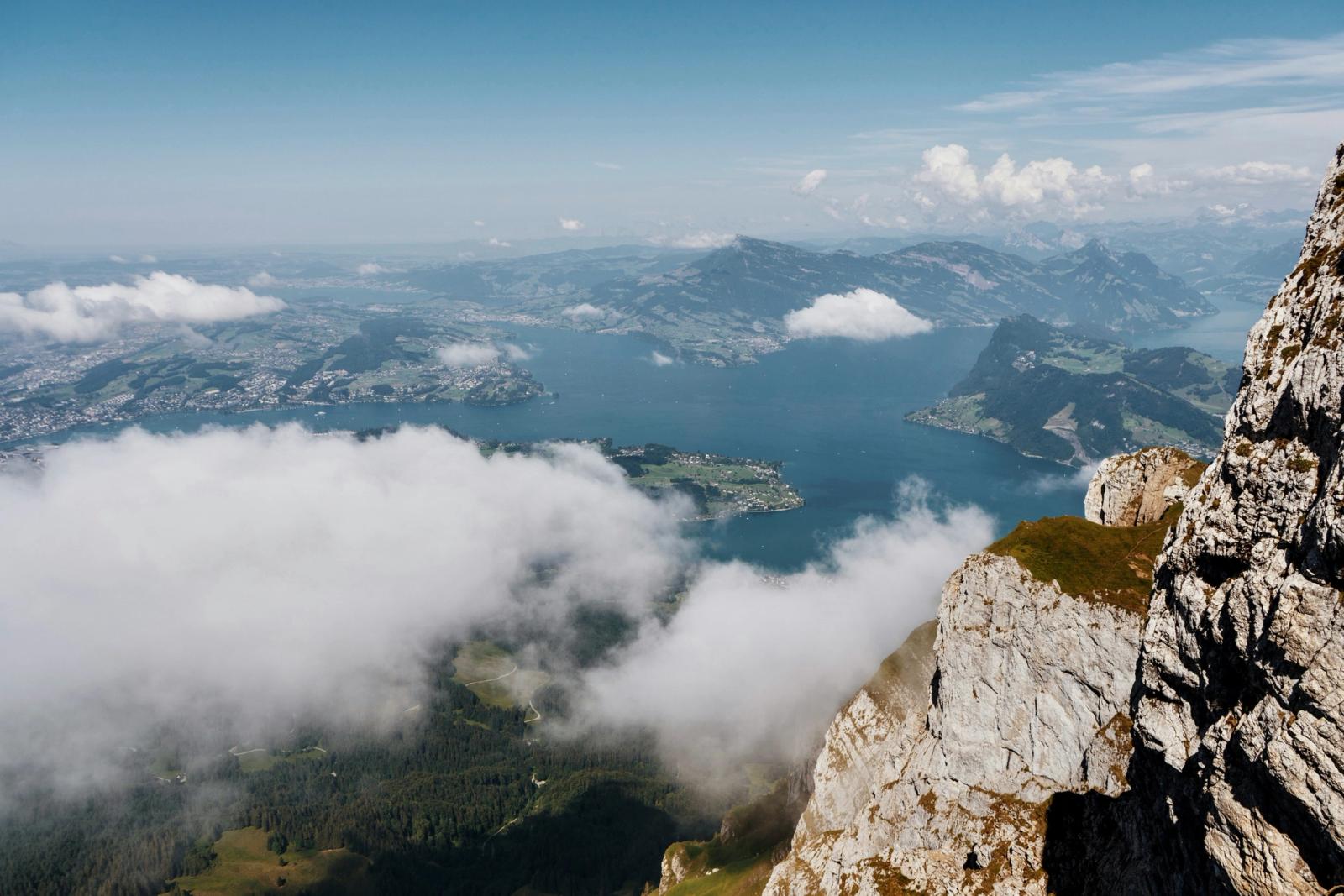 Stunning aerial view over the Swiss Alps and Lake Lucerne on a clear day