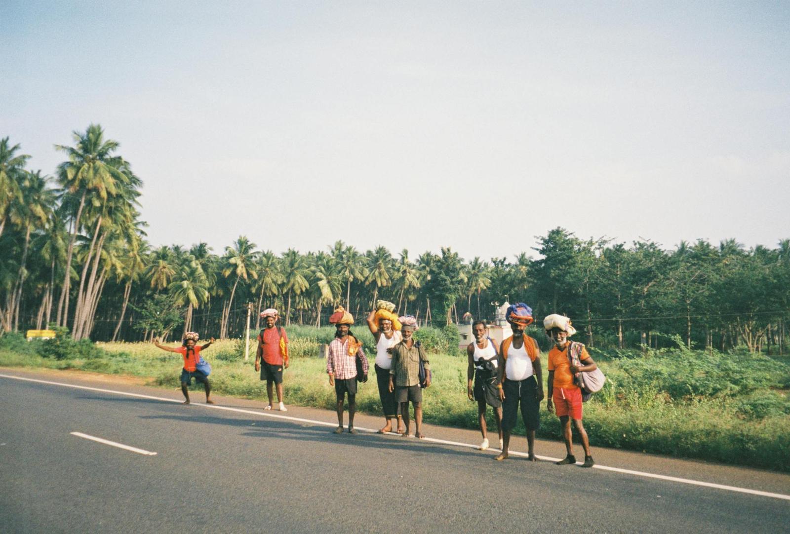 A diverse group of adults walking on a road surrounded by palm trees, carrying bundles on their heads