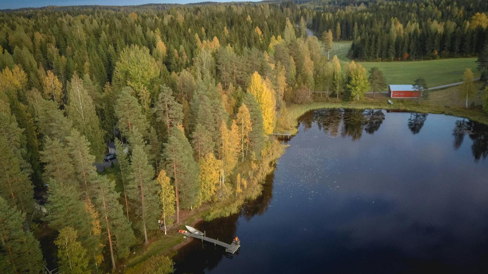 Aerial view of an autumn forest lake with a red cottage