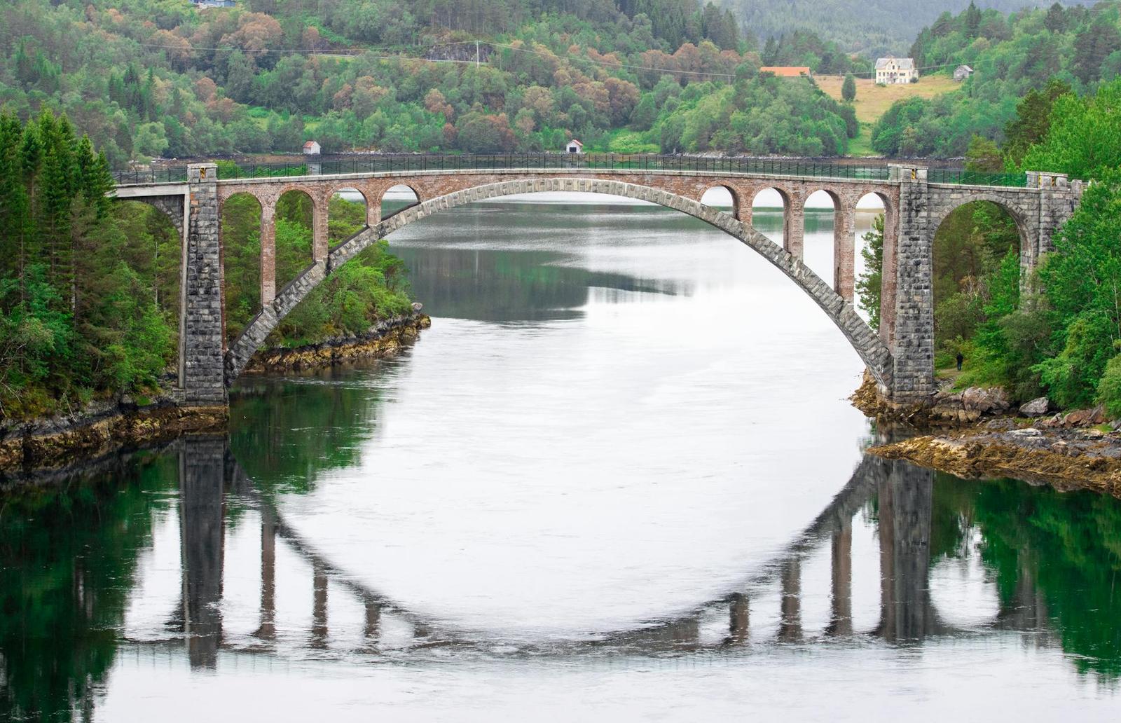 Serene view of Skodje Bridge reflecting on water in Ålesund
