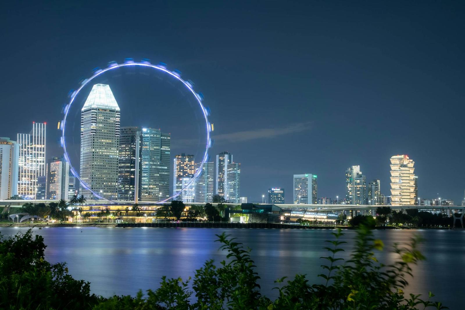 A giant illuminated ferris wheel beside a lit city skyline at night