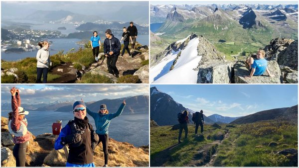Fire bilder av fire forskjellige fjellturer i en kollasj. Smilende mennesker og turgåere og vakker utsikt i Ålesund-området.