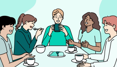 Illustrasjon av studenter som sitter sammen rundt et bord, spiser frokost og snakker i en hyggelig og sosial setting.