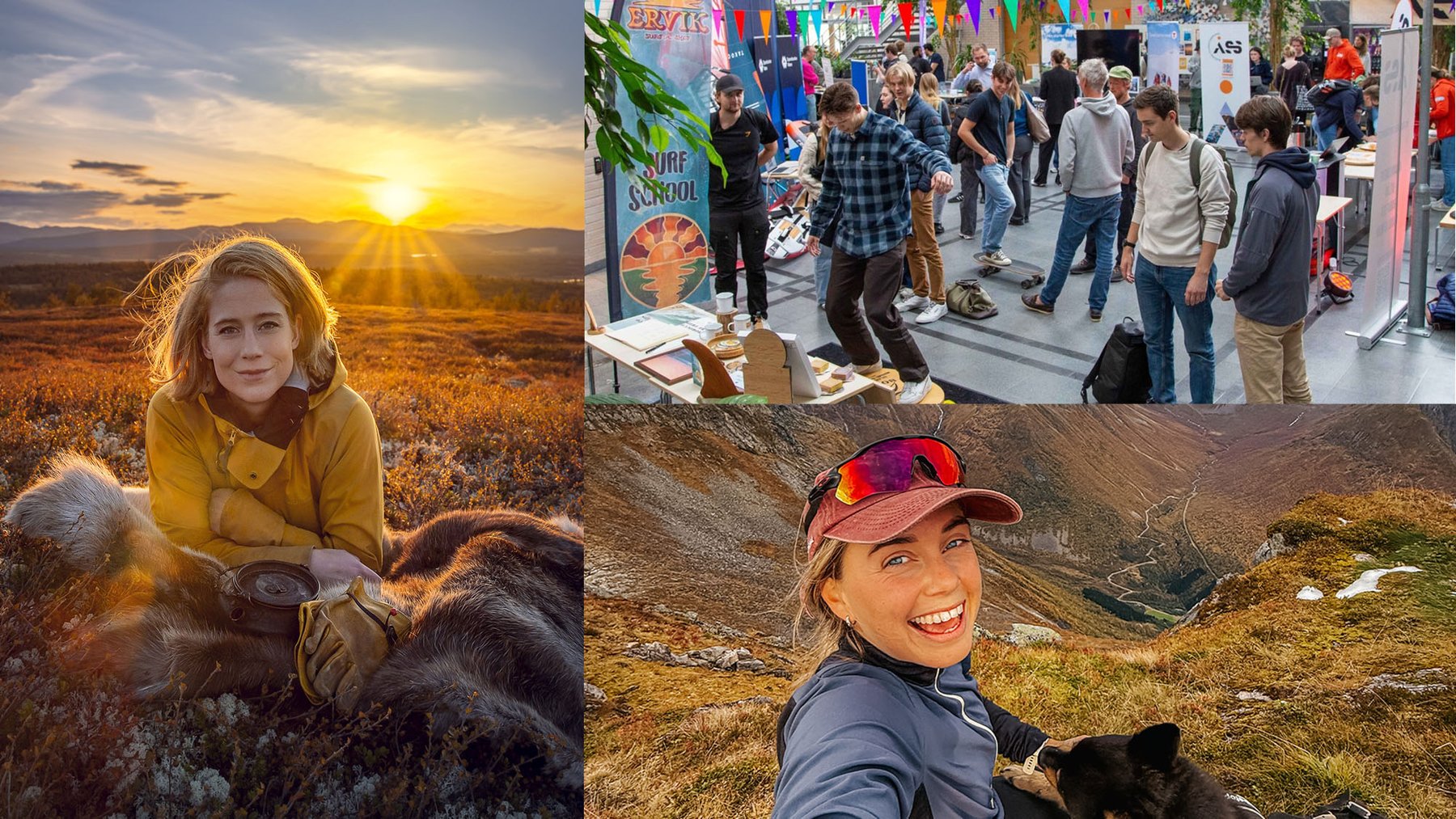 Bildemontasje med tre scener: psykolog Johanne Refseth i gul jakke sitter ute på fjellet i solnedgang, en folkemengde på friluftsmessa 2024 , og Veronica Solbak (Veroniverse) smilende på fjelltur med hund.