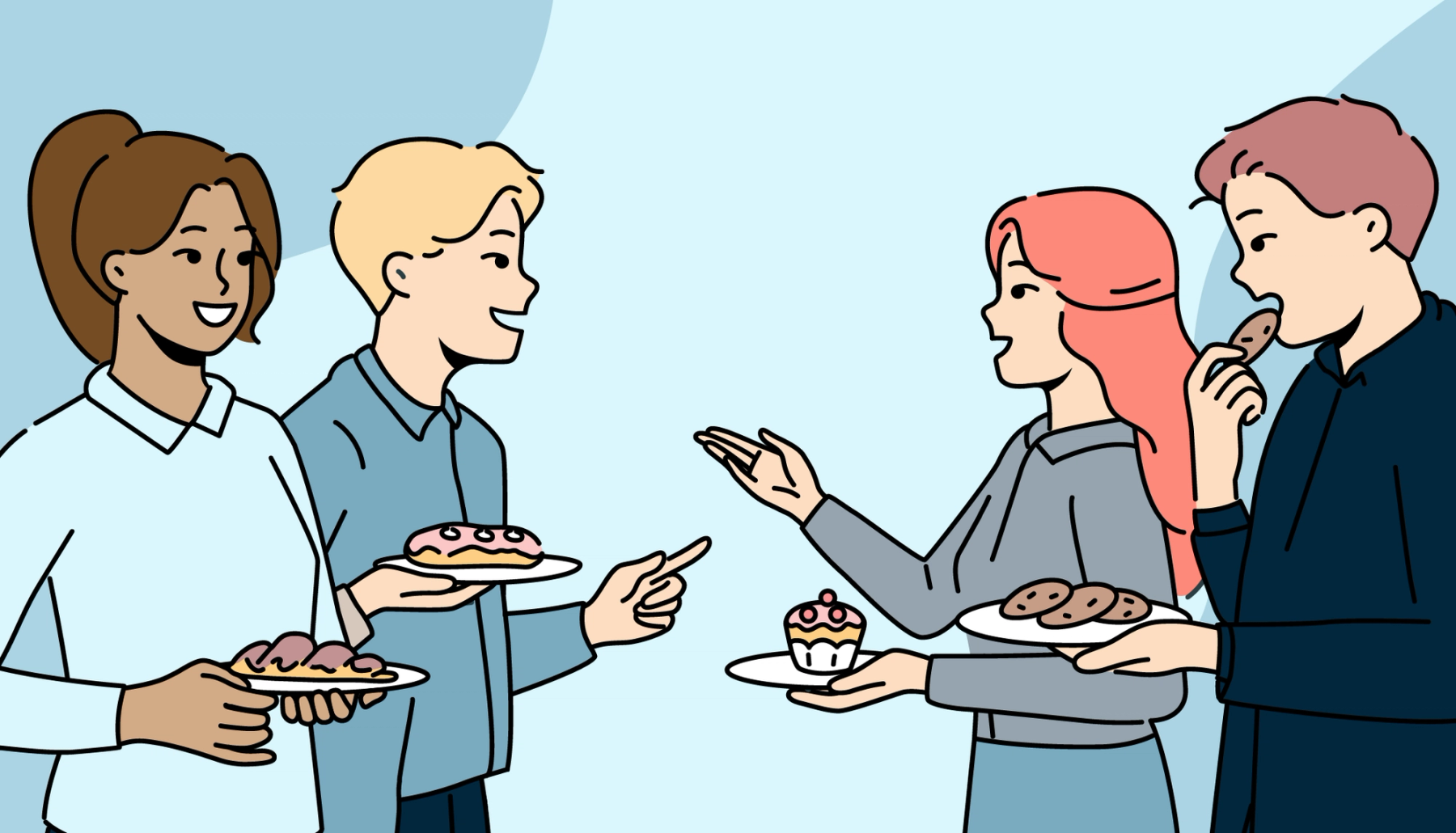 Illustrasjon av studenter som småprater og deler snacks, som symboliserer sosial trygghet, smalltalk og nettverksbygging.