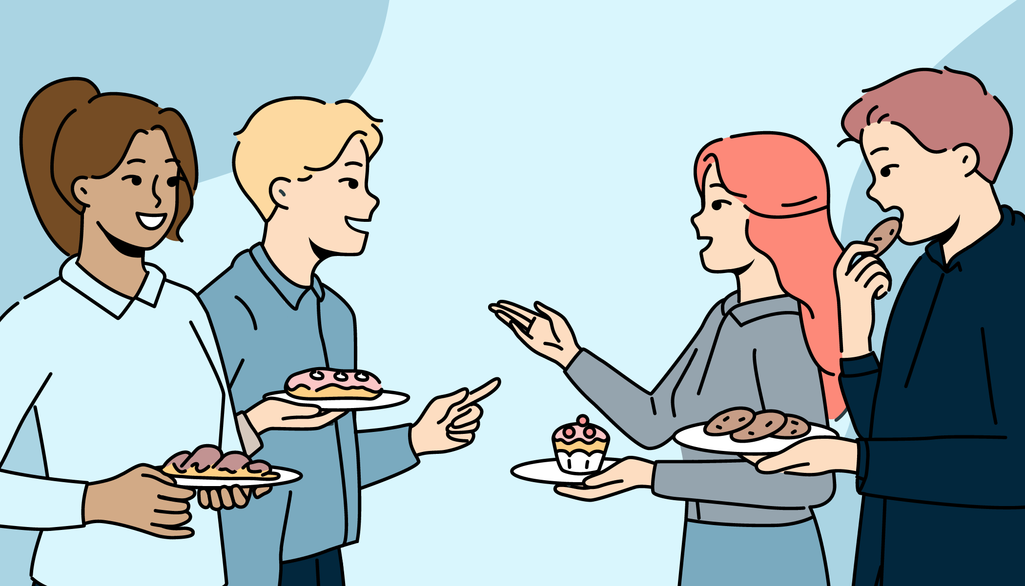 Illustrasjon av studenter som småprater og deler snacks, som symboliserer sosial trygghet, smalltalk og nettverksbygging.