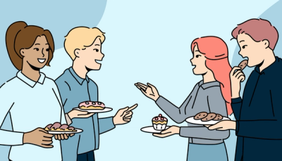 Illustrasjon av studenter som småprater og deler snacks, som symboliserer sosial trygghet, smalltalk og nettverksbygging.