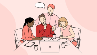 Illustrasjon av masterstudenter som sitter sammen rundt et bord og jobber, symboliserer samarbeid, støtte og fremdrift.