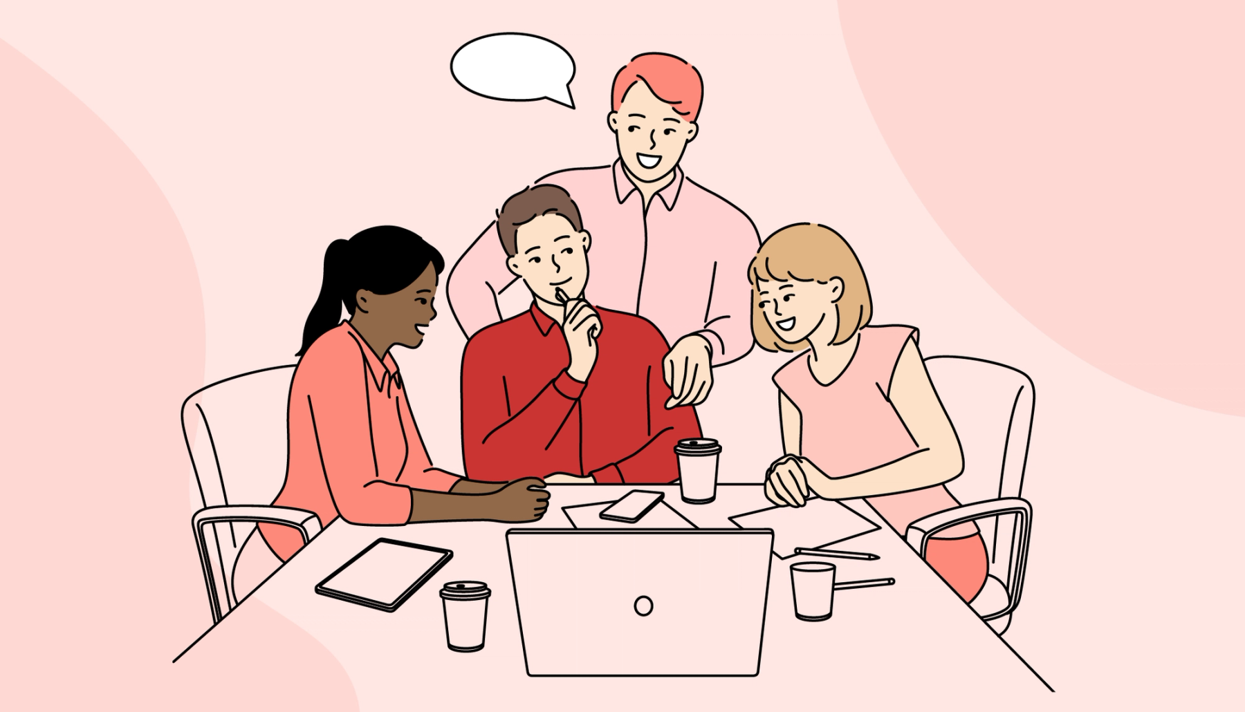 Illustrasjon av masterstudenter som sitter sammen rundt et bord og jobber, symboliserer samarbeid, støtte og fremdrift.