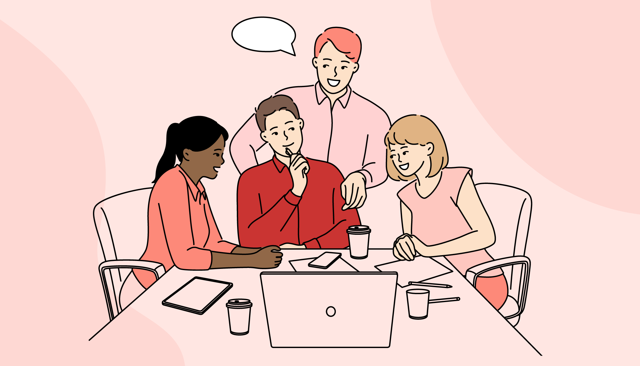 Illustrasjon av masterstudenter som sitter sammen rundt et bord og jobber, symboliserer samarbeid, støtte og fremdrift.