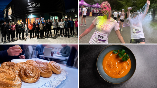 Kollasj med studenter på Social Run og Color Race, kanelboller og suppe fra aktiviteter gjennom PUST.