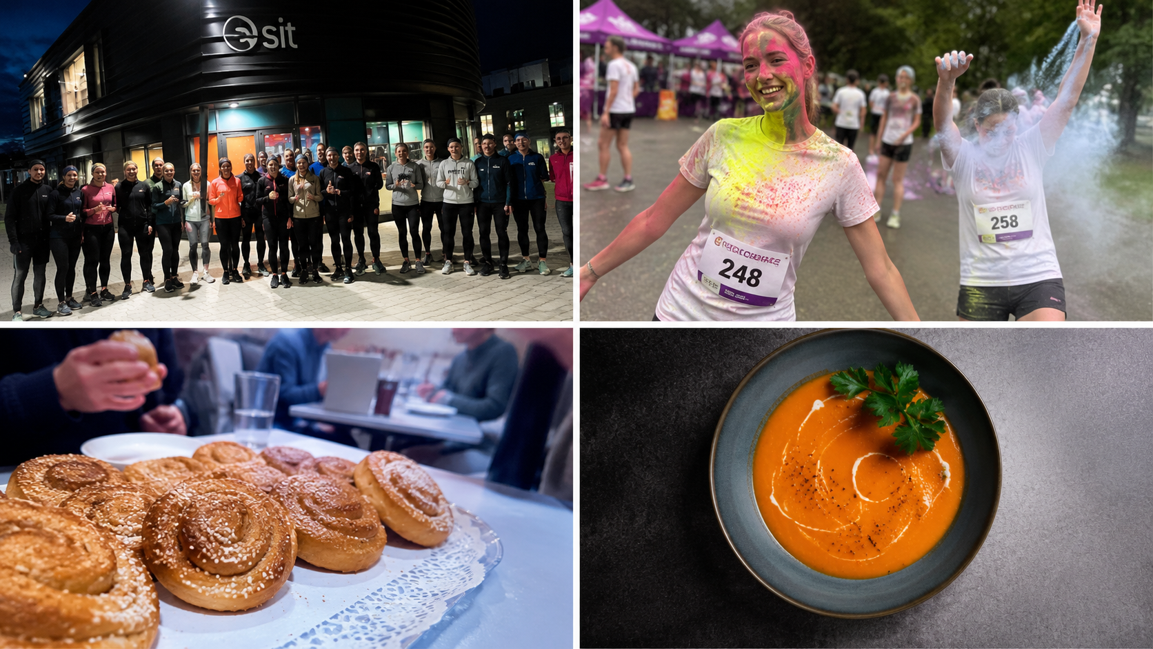 Kollasj med studenter på Social Run og Color Race, kanelboller og suppe fra aktiviteter gjennom PUST.
