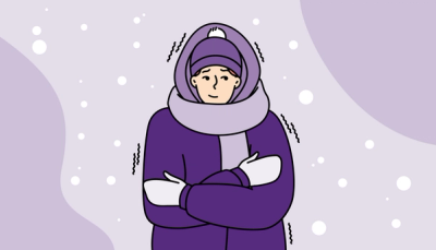 Illustrasjon av student kledd for vinteren, som symboliserer kulde, vinterstemning og det å tilpasse seg norsk vinter.