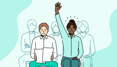 Illustrasjon av studenter i en kurssituasjon, der én student rekker opp hånden, som symboliserer engasjement, deltakelse og aktiv læring.