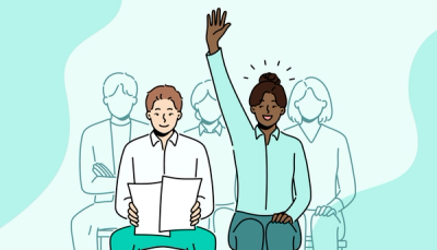 Illustrasjon av studenter i en kurssituasjon, der én student rekker opp hånden, som symboliserer engasjement, deltakelse og aktiv læring.