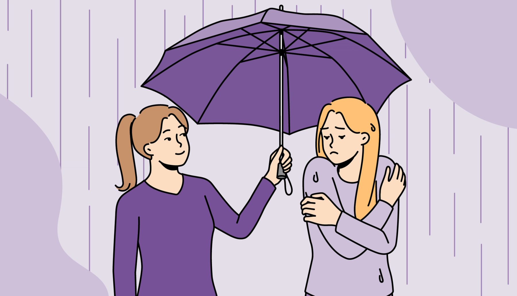 Illustration of one student holding an umbrella over another in the rain, symbolising care, support and togetherness during a difficult time.