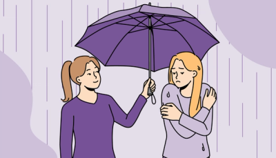 Illustrasjon av to studenter hvor den ene holder en paraply over den andre i regnet, som symboliserer støtte, omsorg og fellesskap i en vanskelig livssituasjon.