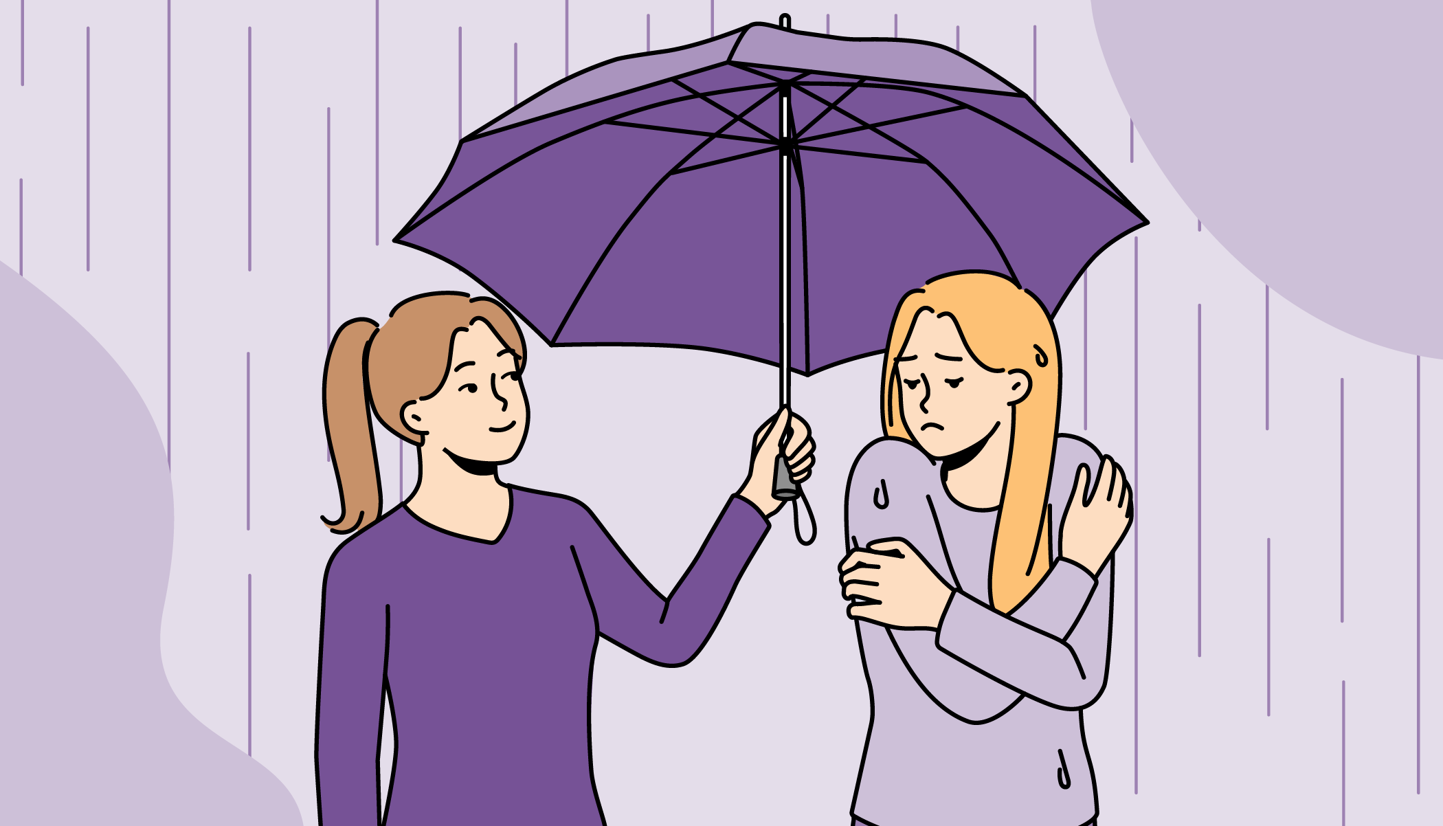 Illustrasjon av to studenter hvor den ene holder en paraply over den andre i regnet, som symboliserer støtte, omsorg og fellesskap i en vanskelig livssituasjon.