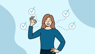Illustrasjon av student som viser OK-tegn, omgitt av avkryssede sirkler, som symboliserer mestring, fremdrift og motivasjon.
