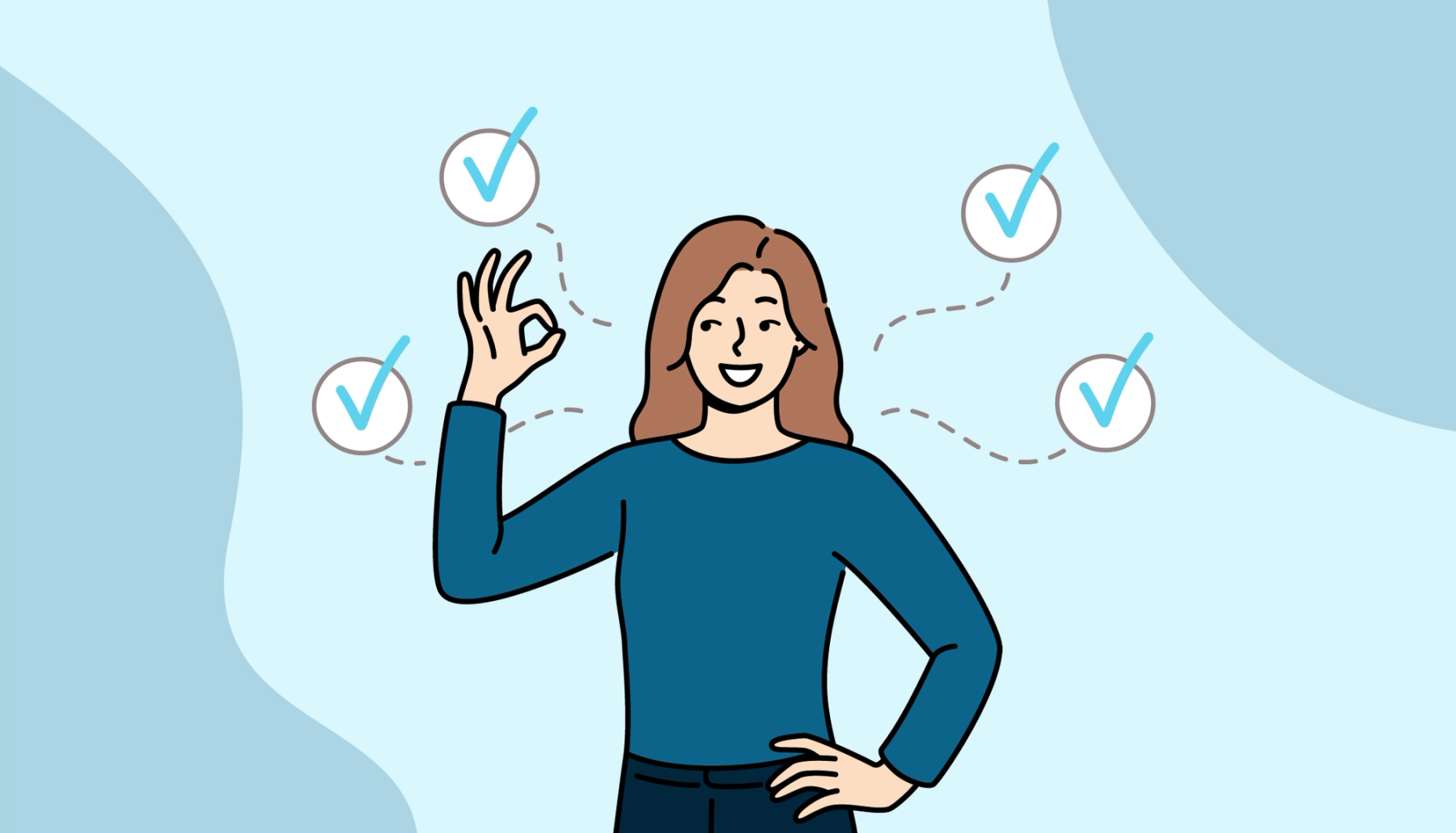 Illustrasjon av student som viser OK-tegn, omgitt av avkryssede sirkler, som symboliserer mestring, fremdrift og motivasjon.