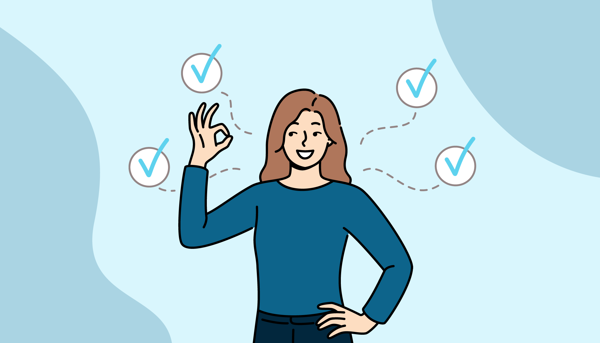 Illustrasjon av student som viser OK-tegn, omgitt av avkryssede sirkler, som symboliserer mestring, fremdrift og motivasjon.