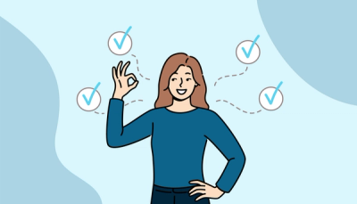 Illustrasjon av student som viser OK-tegn, omgitt av avkryssede sirkler, som symboliserer mestring, fremdrift og motivasjon.