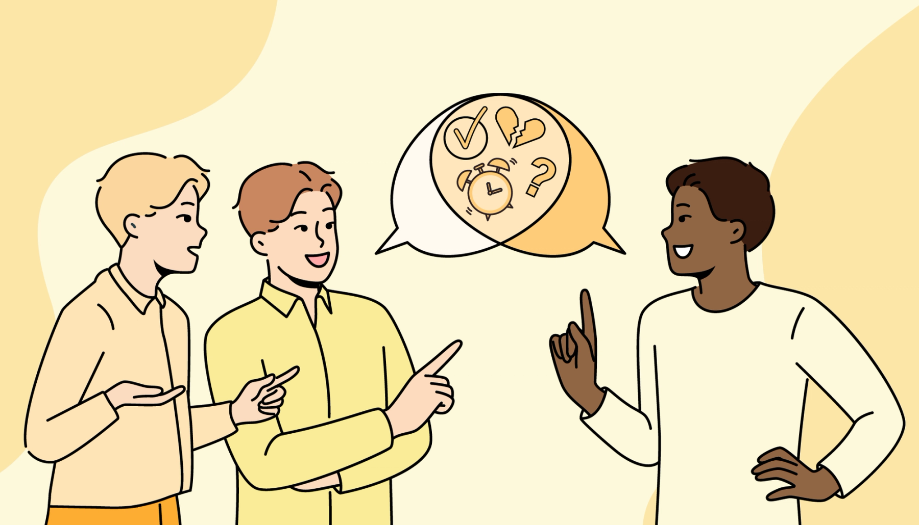 Illustrasjon av mannlige studenter som snakker sammen og deler tanker, symbolisert gjennom snakkebobler.