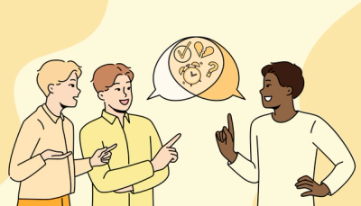 Illustrasjon av mannlige studenter som snakker sammen og deler tanker, symbolisert gjennom snakkebobler.