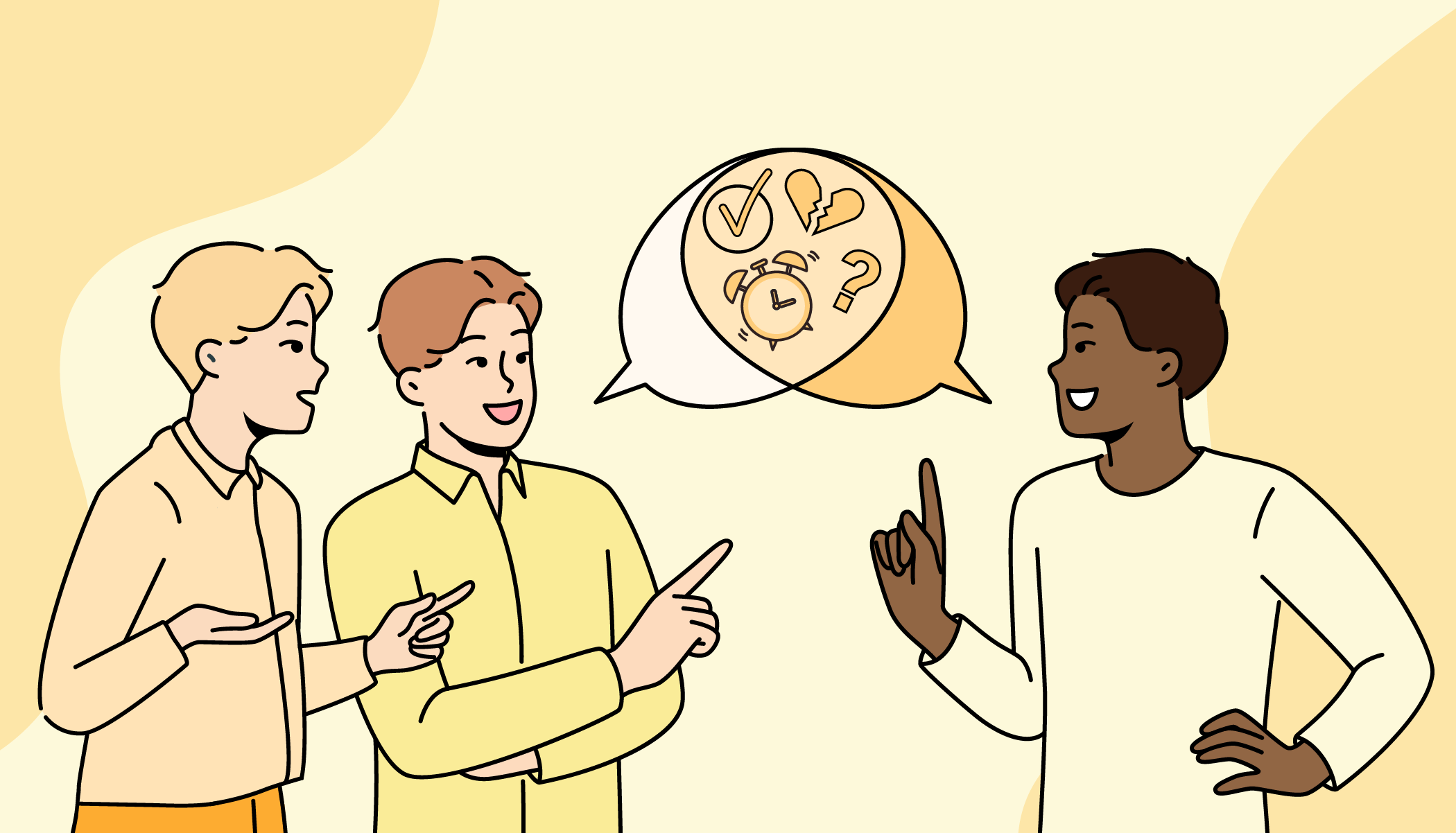 Illustrasjon av mannlige studenter som snakker sammen og deler tanker, symbolisert gjennom snakkebobler.