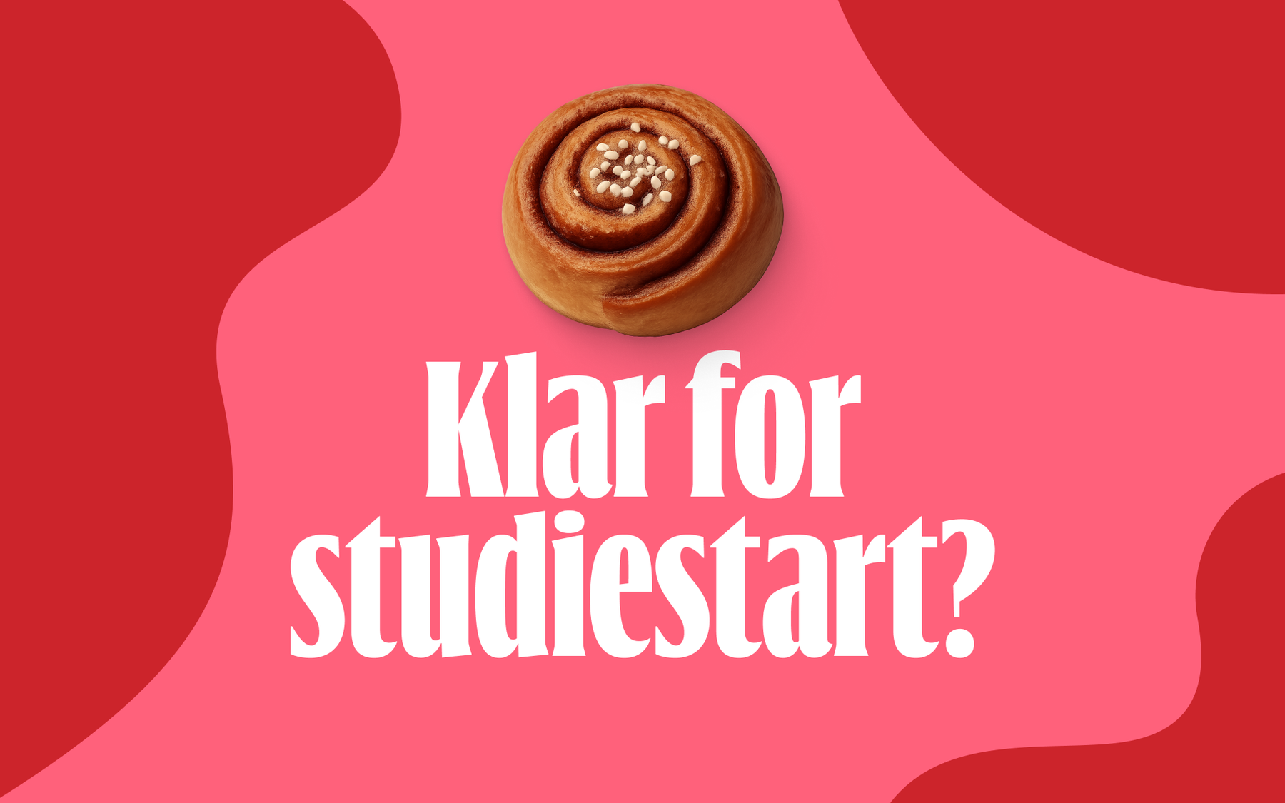 Illustrasjon med teksten «Klar for studiestart?» på rosa og rød bakgrunn. Over teksten vises en kanelbolle.